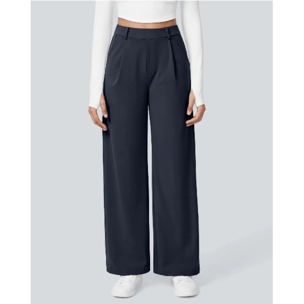 Halara Flex Day High Waisted Pocket Straight Leg Work Pants Midnight Size L EUC